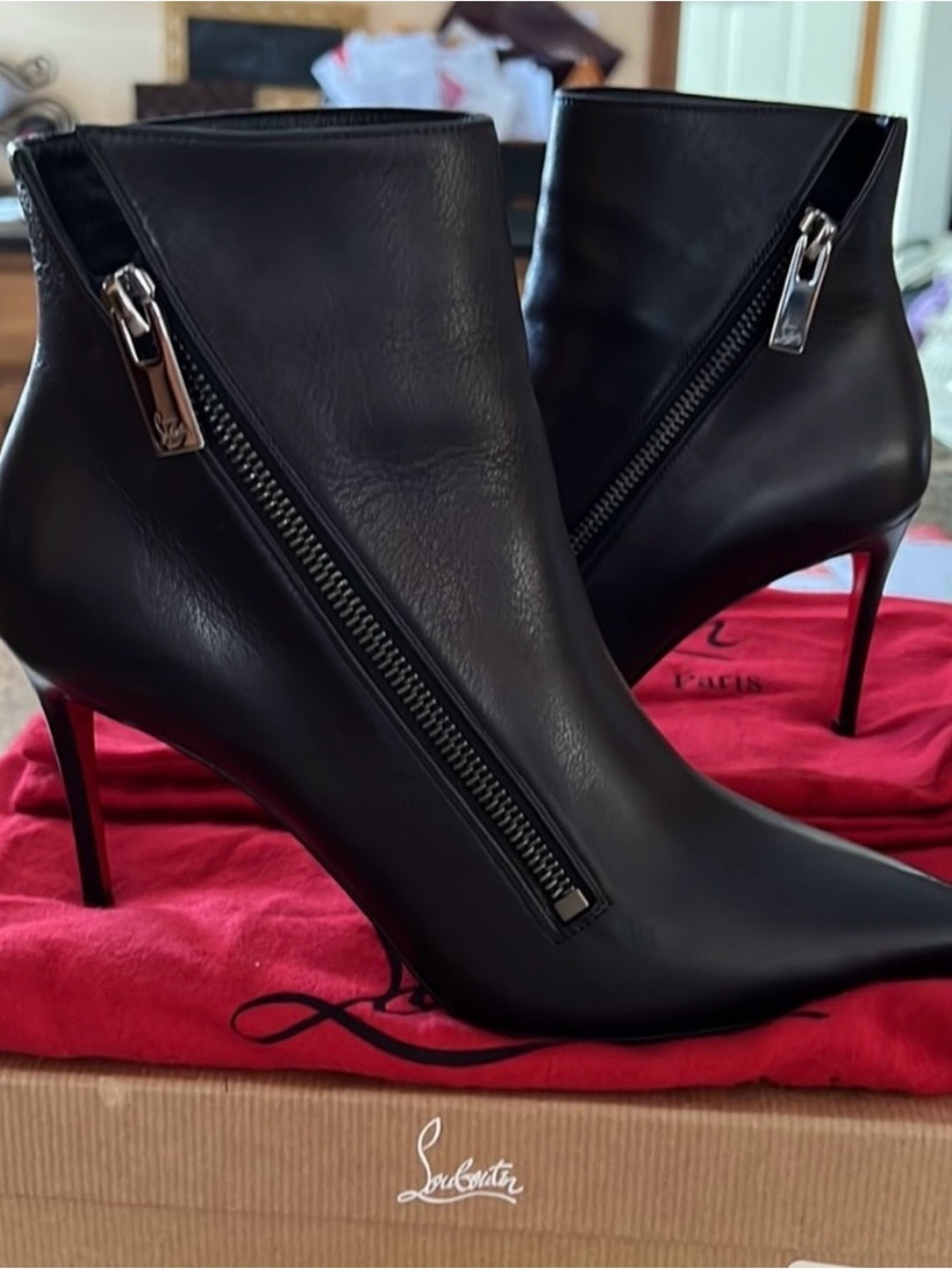 Christian Louboutin Black Leather Pointed Zip Stiletto Ankle Boots Sz 36.5